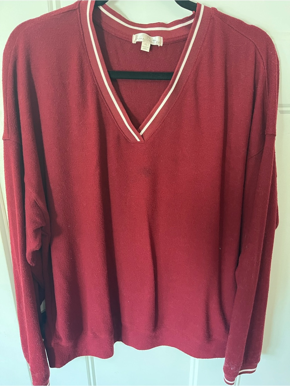 nine britton Burgundy V-Neck Sweater with White & Pink Trim